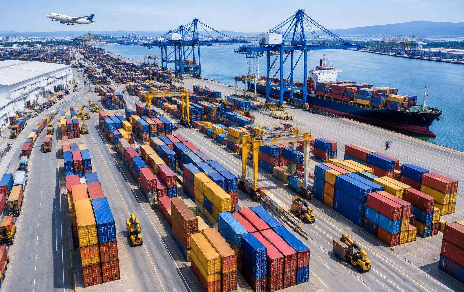 Cargo containers, ship and cranes at an international port